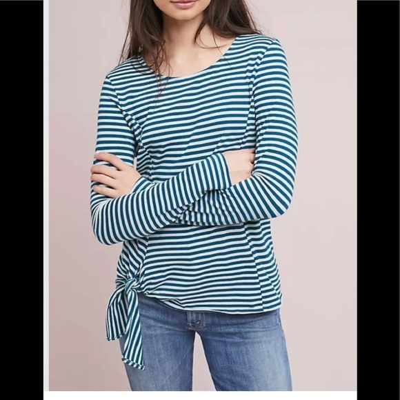 Anthropologie T.la Teal Striped Tie Front Long Sleeve Knit Top - Picture 1 of 5